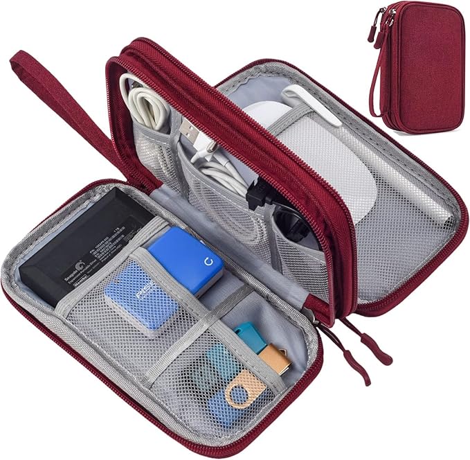 Electronics Accessories Organizer Pouch Bag, Travel Universal Organizer for Cable, Charger, Phone, SD Card, Business Travel Gadget Bag (Wine Red)