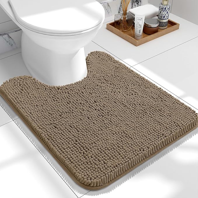 OLANLY Toilet Rugs U-Shaped 24x20, Extra Soft Absorbent Chenille Contour Bathroom Rugs for Toilet, Dry Quickly, Machine Washable, Non-Slip Bath Mat, Tan