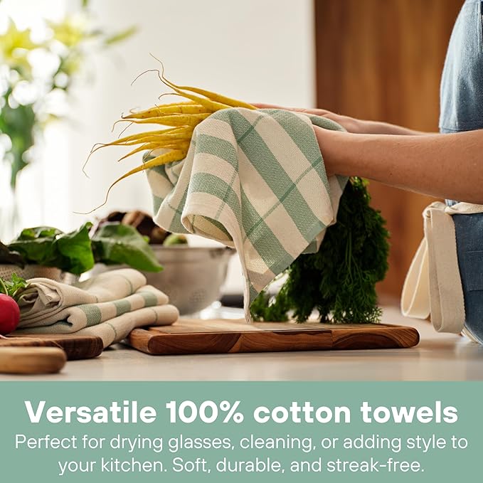 MEEMA Kitchen Towels and Dishcloths Sets of 4 | Large 18 x 28 Inch | Upcycled Cotton Tea Towel | Super Absorbent Cotton Dish Towels for Kitchen | Sage Green Stripes | Hand Towels
