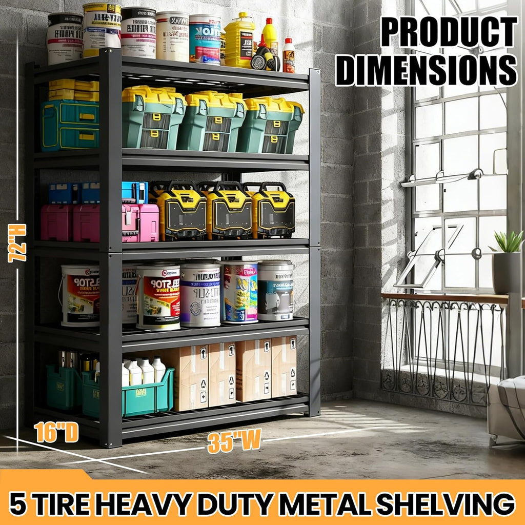 Heavy Duty Garage Shelving, Metal Storage Shelves, 5 Tier Adjustable Storage Shelves, Metel Shelving, Industrial Utility Rack for Garage, Warehouse, Workshop, 72" H×35" W×16" D