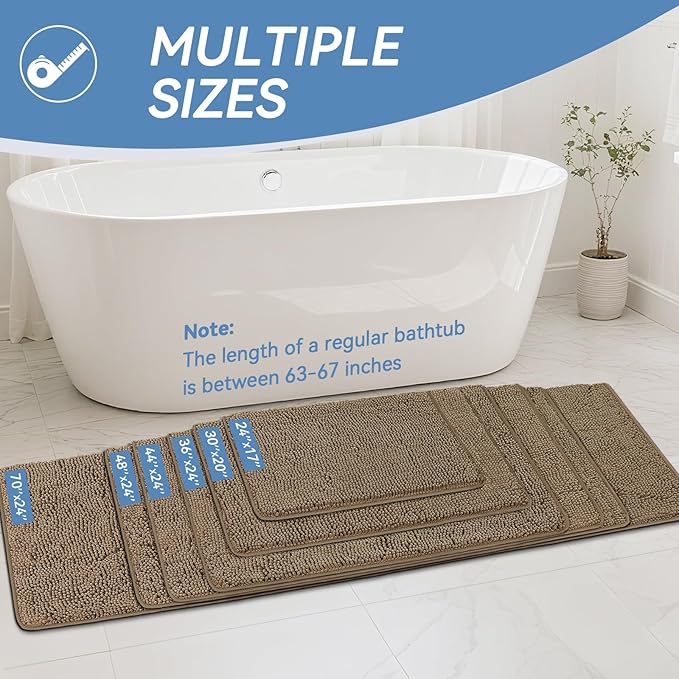 Bcoimo 30"×20" Absorbent Bath Mat, Non-Slip with Backing Chenille Bath Rug and Machine Washable Bathroom Mat Quick-Dry Design. Ideal for Bathroom and Tub Areas