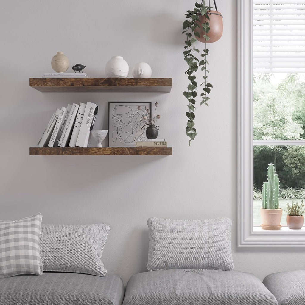 Floating Shelf, Set of 3 Wall Shelf, 36 in W x 12.75 in D x 2 in H Wooden Floating Wall Shelf with Invisible Brackets for Living Room/Bedroom/Bathroom/Kitchen Storage and Decor, Rustic Brown