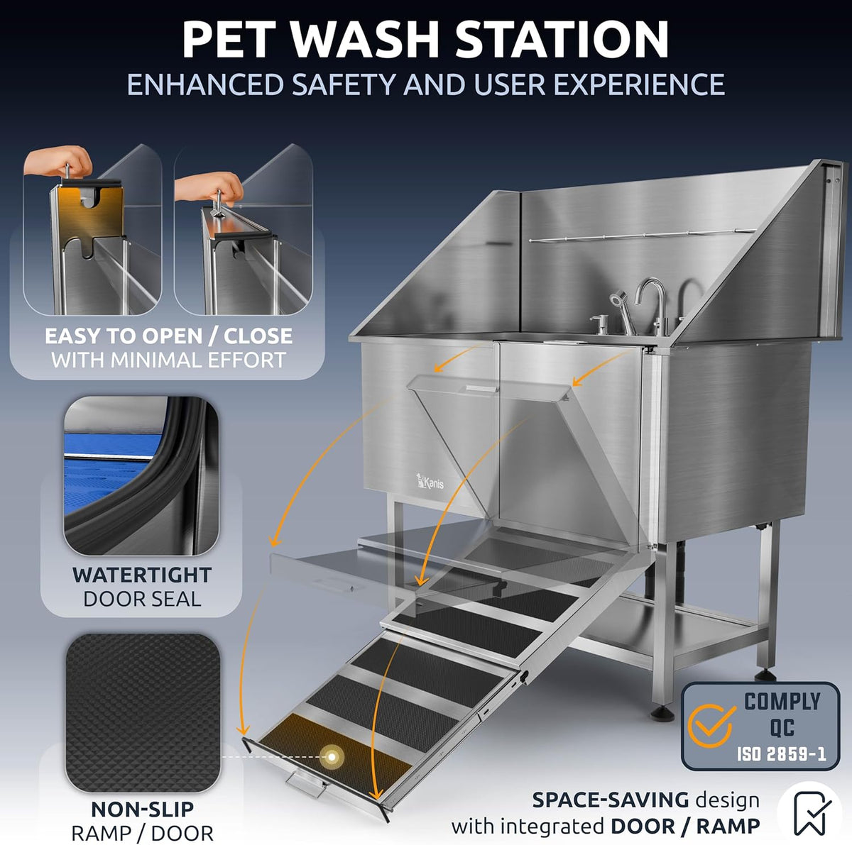 KANIS Professional Dog Washing Station - 304 Stainless Steel Pet Wash Sink & Grooming Bathtub w/Shower, Floor Grates and Storage for Large, Medium & Small Pets (50", Shelf - Right Ramp)