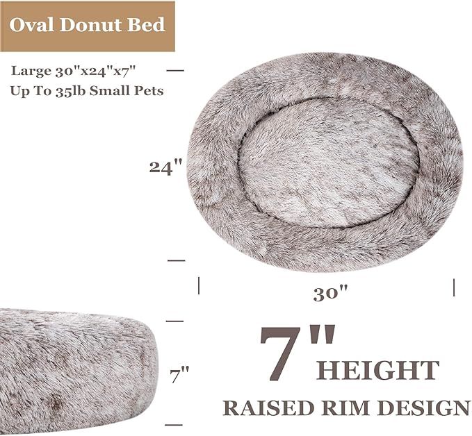 Coohom Oval Calming Donut Cuddler Dog Bed,Shag Faux Fur Cat Bed Washable Round Pillow Pet Bed(30"/36"/43") for Small Medium Dogs (L(30"x24"x8"),Light Brown)