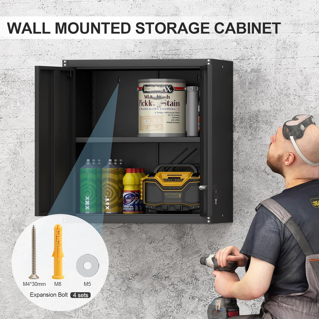 Steel Wall Cabinet, Metal Locking Wall Cabinet, Wall Hanging Metal Cabinet for Garage Tool Storage, Wall Mount Tool Cabinet for Garage, Laundry Room, Pantry, Black