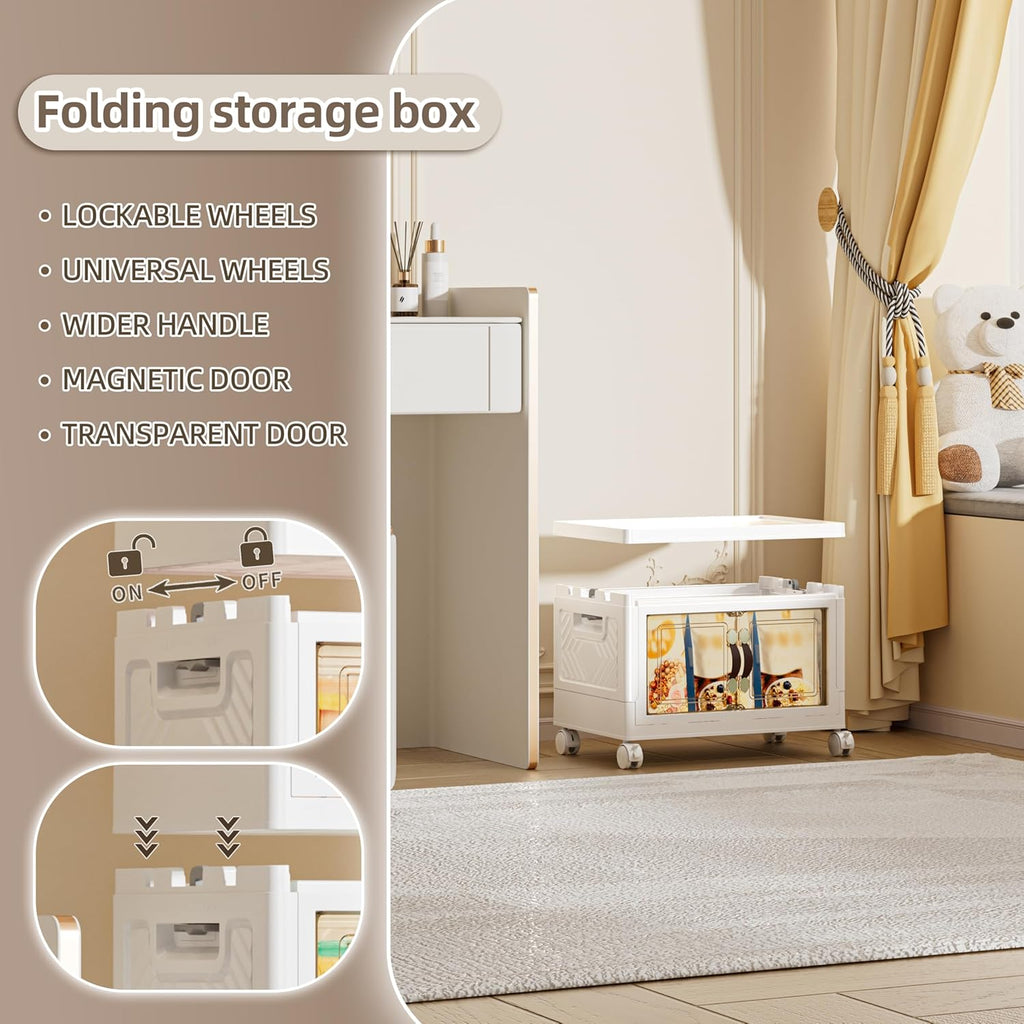 28 QT / 7 Gal Multi-Purpose Stackable Storage Cabinet: Double Magnetic Doors, Foldable, Wheels Included, Leather Handles - Ideal for Pantry, Laundry Room, Dorm