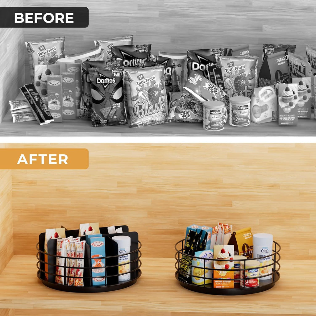 Snack Organizer - Versatile Snack Storage, Lazy Susan with Convenient Grab-and-Go Design, Metal Snack Holder for Home, Office, Breakroom, 10.85" L x 10.85" W x 5" H (Matte Black)