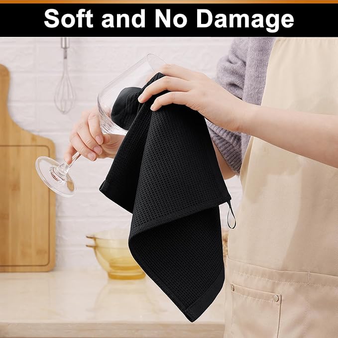Homaxy 100% Cotton Waffle Weave Dish Cloths - 12 Pack Soft and Absorbent Dish Towels - 12 x 12 Inches Quick Dry Dish Rags - Black