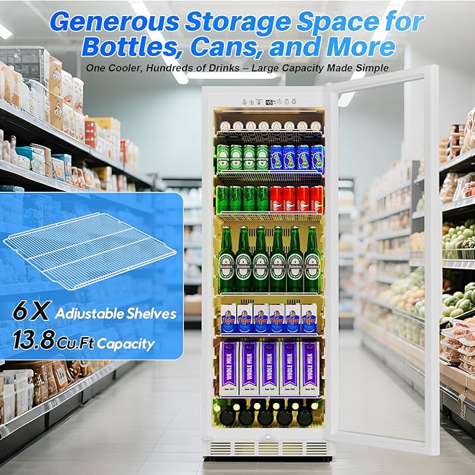 Commercial Display Beverage Fridge: 13.8 Cu Ft Upright Cooler