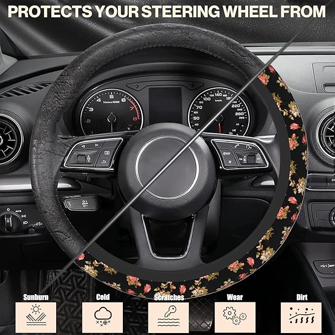 Watercolor Pink Hisbicus Steering Wheel Cover, Elastic Non-Slip Steering Wheel Protector,Auto Interior Decor for Women Girls,Universal 15" Fit for Sedans,Trucks