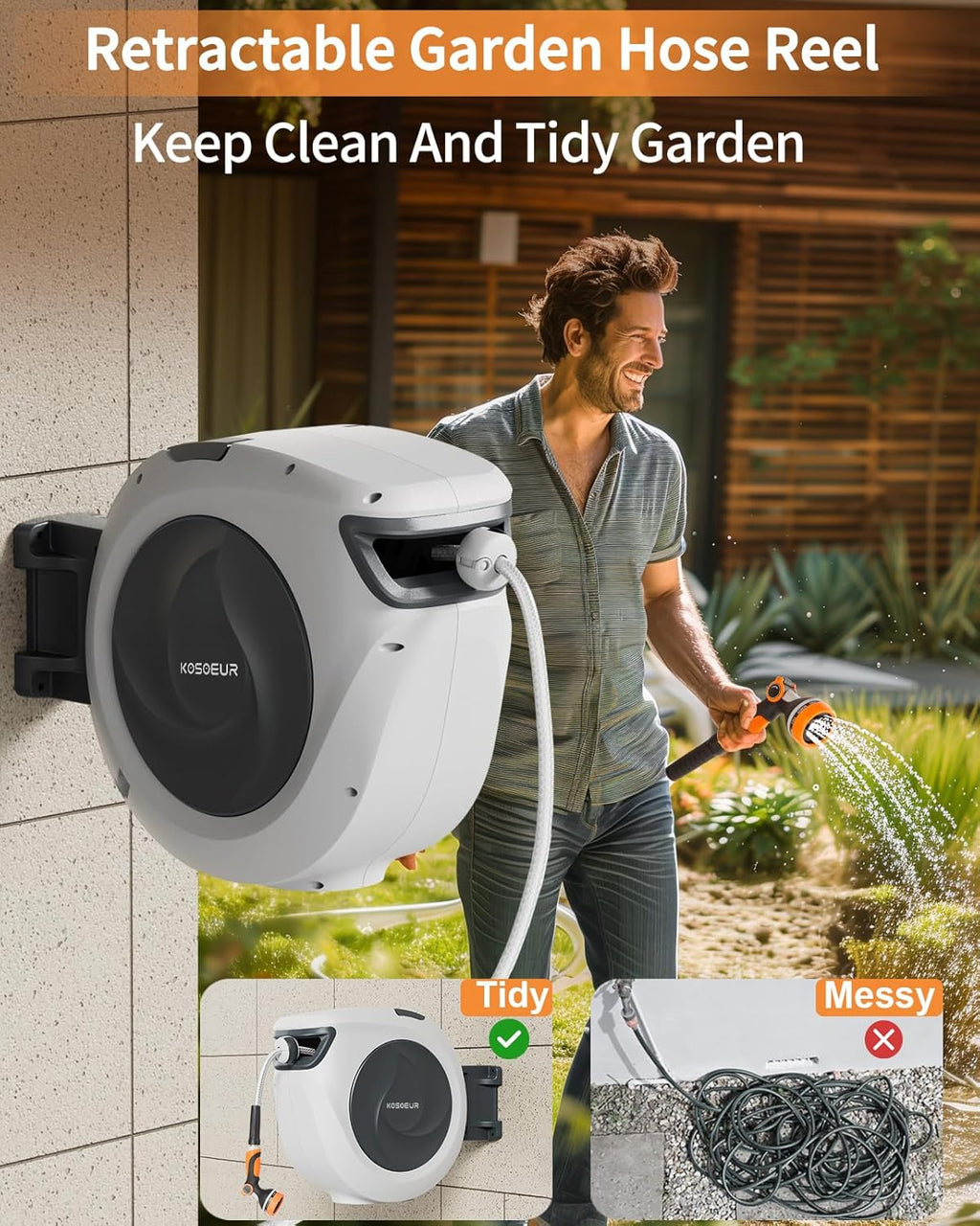 KOSOEUR Retractable Garden Hose Reel, 1/2 in x 65 ft Garden Hose Reel, Automatic Retractable Water Hose Wall Mount with 10 Pattern Nozzle, Slow Rewind System/Any Length Auto Lock 180° Swivel Bracket