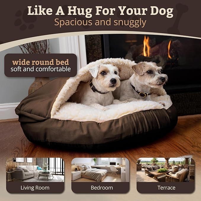 Snoozer Cozy Cave Dog Bed - Indoor Dog Bed with Cover Cave, Covered Calming Burrow for Small & Medium Sized Pets with Blanket Attached, Enclosed, Removable Washable Cover - Large, Hot Fudge