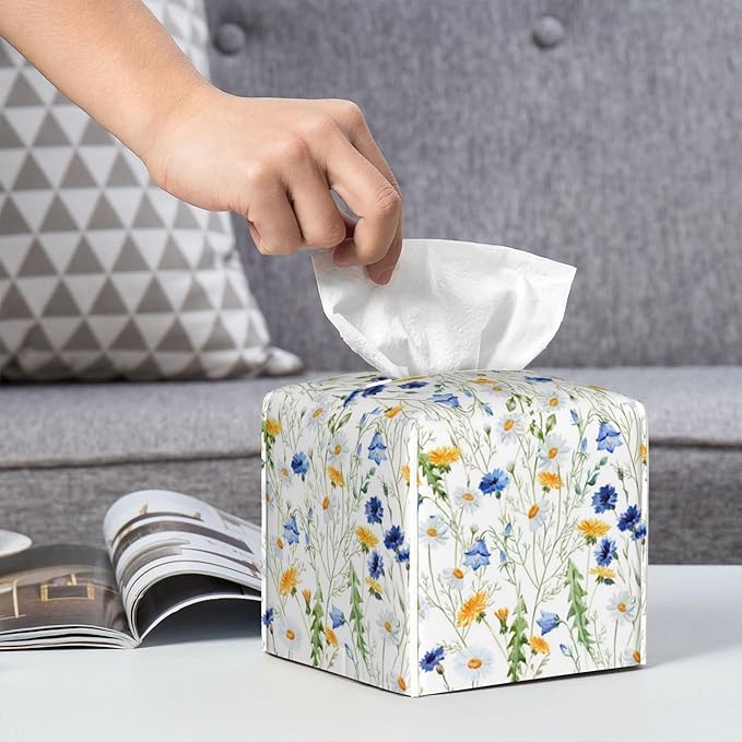 Tissue Box Cover Square, Watercolor Dandelion Cornflower Flower Leather Tissue Box Holder Decorative Organizer for Bathroom, Home Office Car Decor
