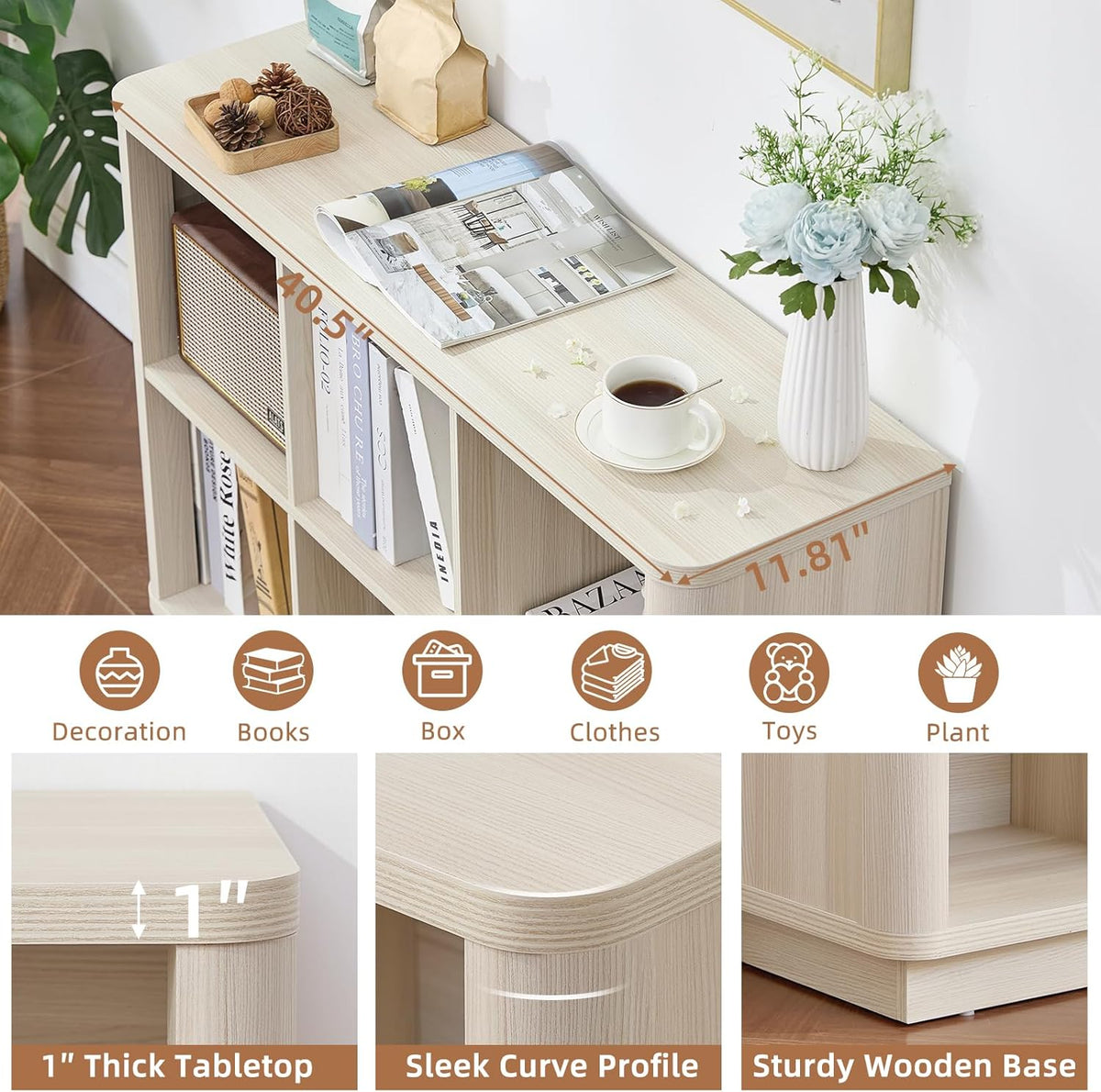6 Cube Bookcase, 40" Wide Low Horizontal Book Shelf w/Curved Edge, Wood Floor Standing 2-Tier Bookshelf with Base, Modern Short Storage Cabinet Book Case for Bedroom, Office, White Cream Oak