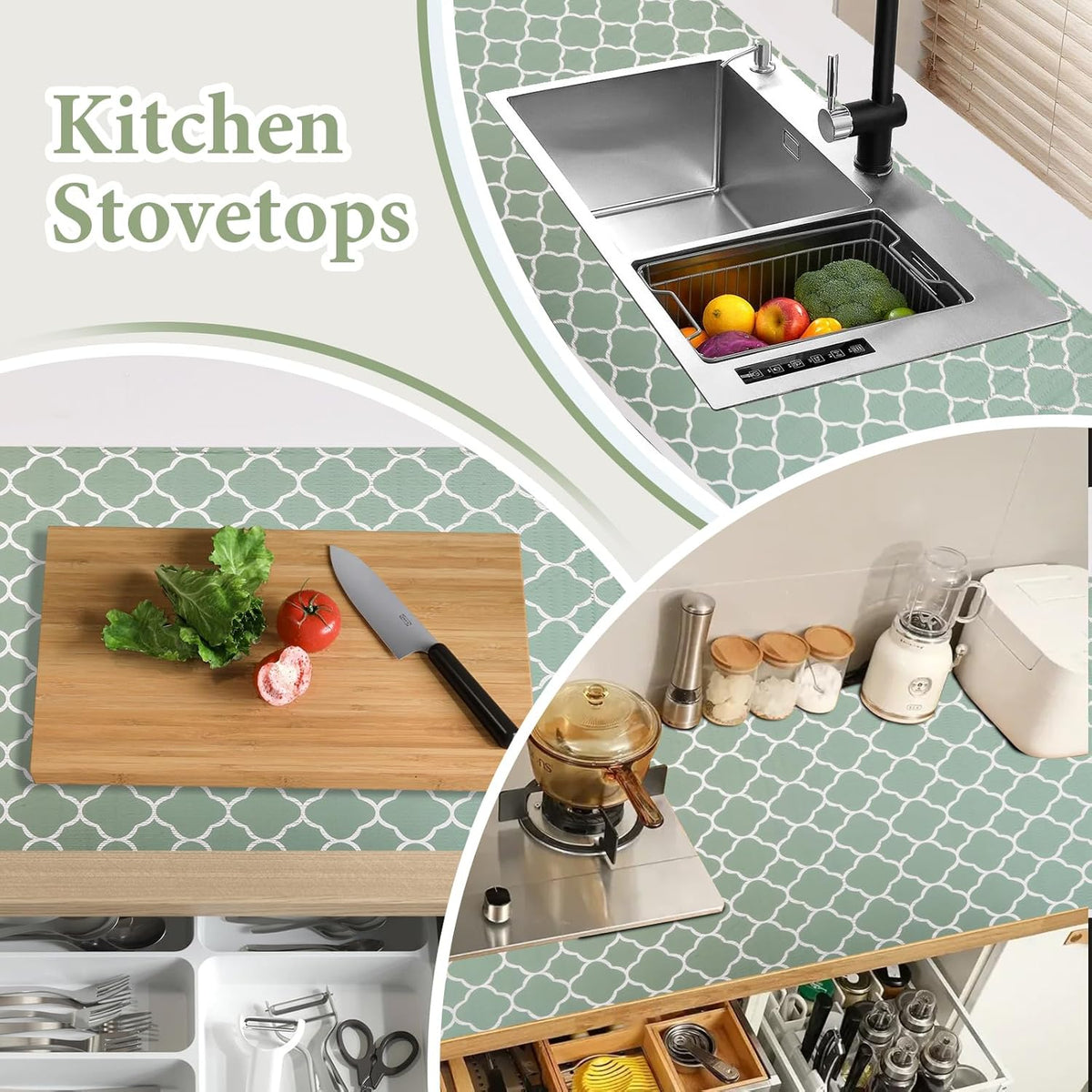 Shelf Liners for Kitchen Cabinets Non Adhesive Drawer Liner 12in x 20FT Light Green Quatrefoil Thickened Shelf Liner Strong Non-Slip Easy to Clean for Tool Box Refrigerator with Knife and Tape Measure