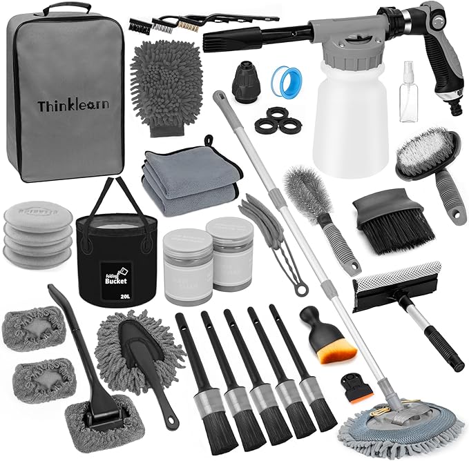ThinkLearn Car Wash Detailing Kit with Foam Gun, Car Cleaning Kit Set,Car Wash Brush with Long Handle, Large Folding Bucket for Interior Exterior Car Wash Supplies, Car Gift Set Gray