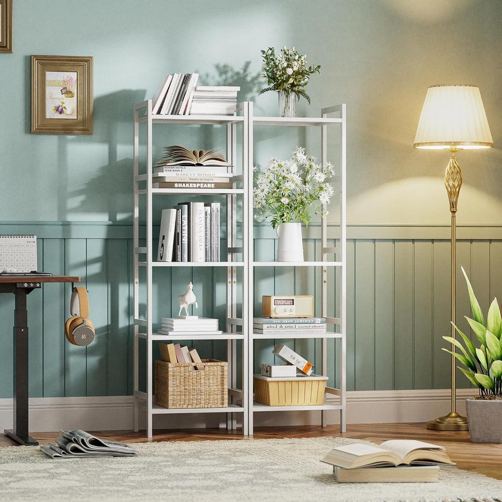 HITNET 5 Tier Bamboo Shelf, Tall Narrow Bookcase, Freestanding Bathroom Storage Unit with Adjustable Shelves, Modern Display Standing Bookshelf for Living Room, Bedroom, Home Office, White