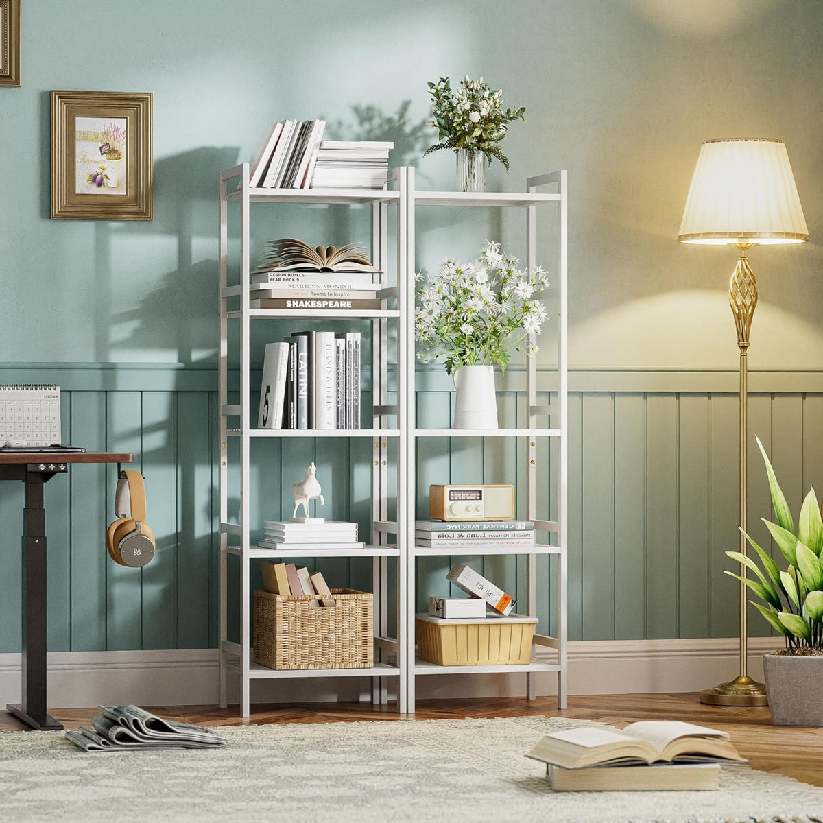 HITNET 5 Tier Bamboo Shelf, Tall Narrow Bookcase, Freestanding Bathroom Storage Unit with Adjustable Shelves, Modern Display Standing Bookshelf for Living Room, Bedroom, Home Office, White