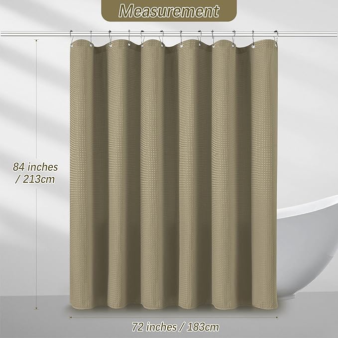 84 inch Long Shower Curtain Waffle Textured Fabric Shower Curtains, 256GSM Heavy Duty Weighted Shower Curtains, Hotel Quality Luxury Polyester Bathroom Curtain with 12 Hooks, 72Wx84H