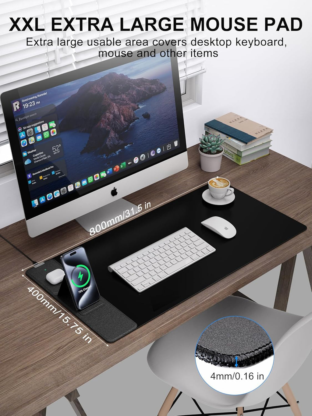 TopMade Mouse Pad with 15W Wireless Charging & Phone Holder, 31.5" x 15.75" XXL Large Desk Pad, Gaming Computer Keyboard Pad, Waterproof Mousepad Home Office Desk Mat for MacBook, PC, Laptop, Black