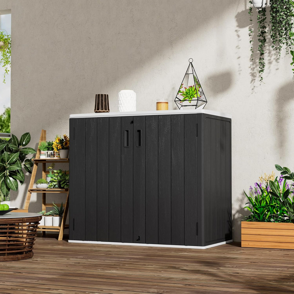 Large Outdoor Storage Box,Resin Sheds&Outdoor Storage Waterproof/Lockable,Outdoor Storage Cabinets for Balcony,Garage,Backyard (37Cu.ft-Black White)