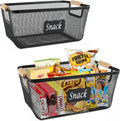 Snack Organizer for Pantry Shelf, 2 Pack Metal Mesh Snack Basket Storage with Wooden Handles, Snack Bin for Snack Bar Station, Kitchen Cabinet Pantry Organizers and Storage