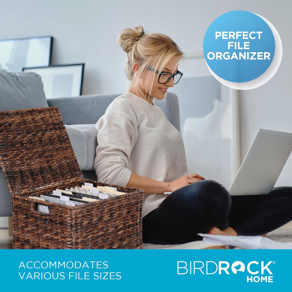 BIRDROCK HOME Seagrass Rolling File Cabinet - Storage Organizer Box with Lid - Home Office Decor - Decorative Organize - Letter Legal Hanging Filing Container - Strong Durable Toy Pillow - Espresso