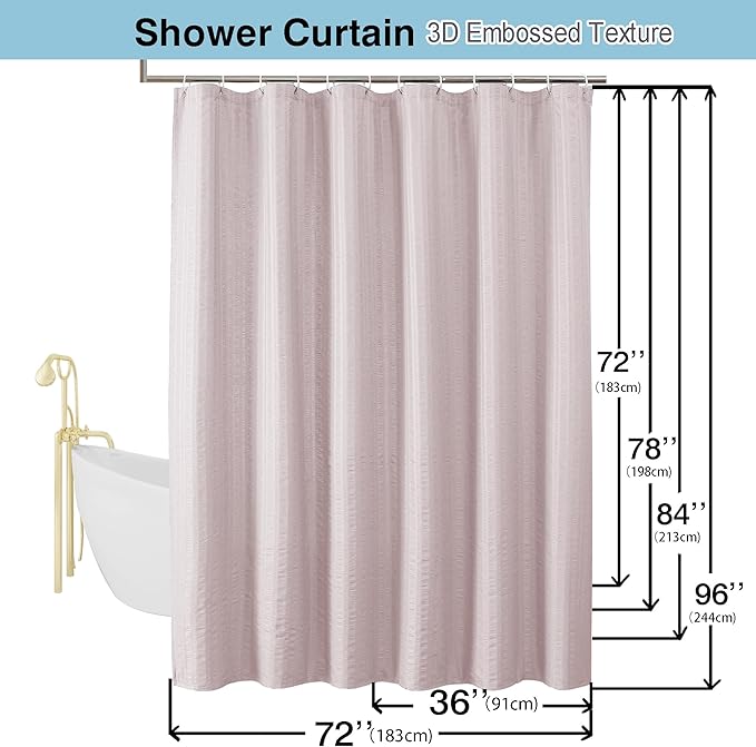 Aiyufeng Moga Extra Long Pink Shower Curtain 96 Inch Long, Embossed Texture Fabric Bathroom Shower Curtain, Large Hotel Bath Curtain with 12 Holes, 72Wx96H, Pink