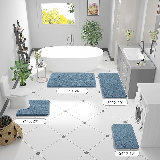OLANLY Bathroom Rugs 59x20, Extra Soft Absorbent Chenille Bath Rugs, Rubber Backing Quick Dry, Machine Washable Bath Mats for Bathroom Floor, Tub and Shower, Home Decor Accessories, Airy Blue
