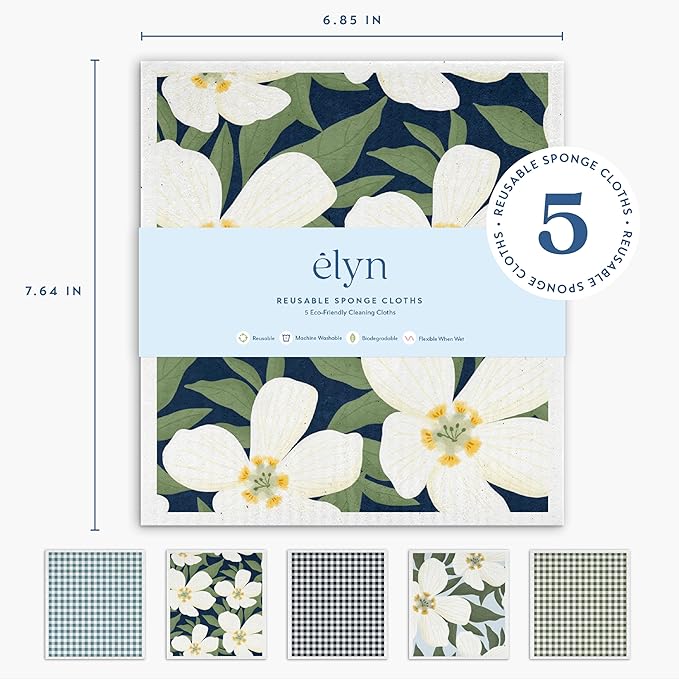 ELYN Swedish Dishcloths, Reusable & Washable Sponge Cloths, Absorbent Cleaning Paper Towels for Kitchen, Dishes, Counters and More, 5 Pack, Assorted Magnolia & Gingham Patterns
