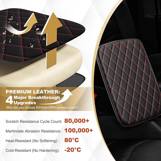 Center Console Cover for Accord: Armrest Cover for Car with 2 Storage Bags - Scratch & Wear Resistant & Waterproof Leather Console Cover,Anti-Scratch Auto Armrest Pad Accessory （Black&Red