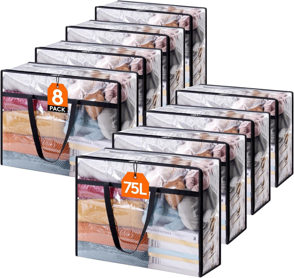 Lifewit 8 Pack Clear Clothes Storage Bags, 75L Large Plastic Blanket Storage, Vinyl Foldable Moving Bags with Zipper, Closet Organizers Containers for Comforter, Bedding, Duvet, Pillow