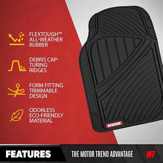 Motor Trend FlexTough Performance All Weather Rubber Car Mats with Cargo Liner - Full Set Front & Rear Floor Mats for Cars Truck SUV, Automotive Floor Mats (Black)