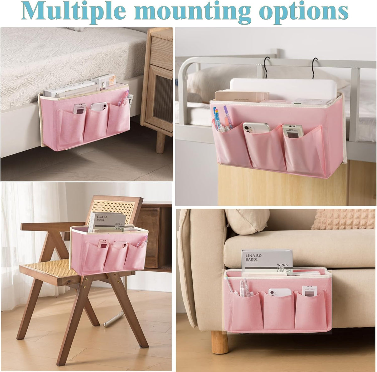 Bedside Caddy/Bedside Storage Organizer Hanging Bag with Three Options,Suitable for home beds, sofas, and dormitory beds—can hold magazines, books, phones, iPads, remote controls. (Pink)