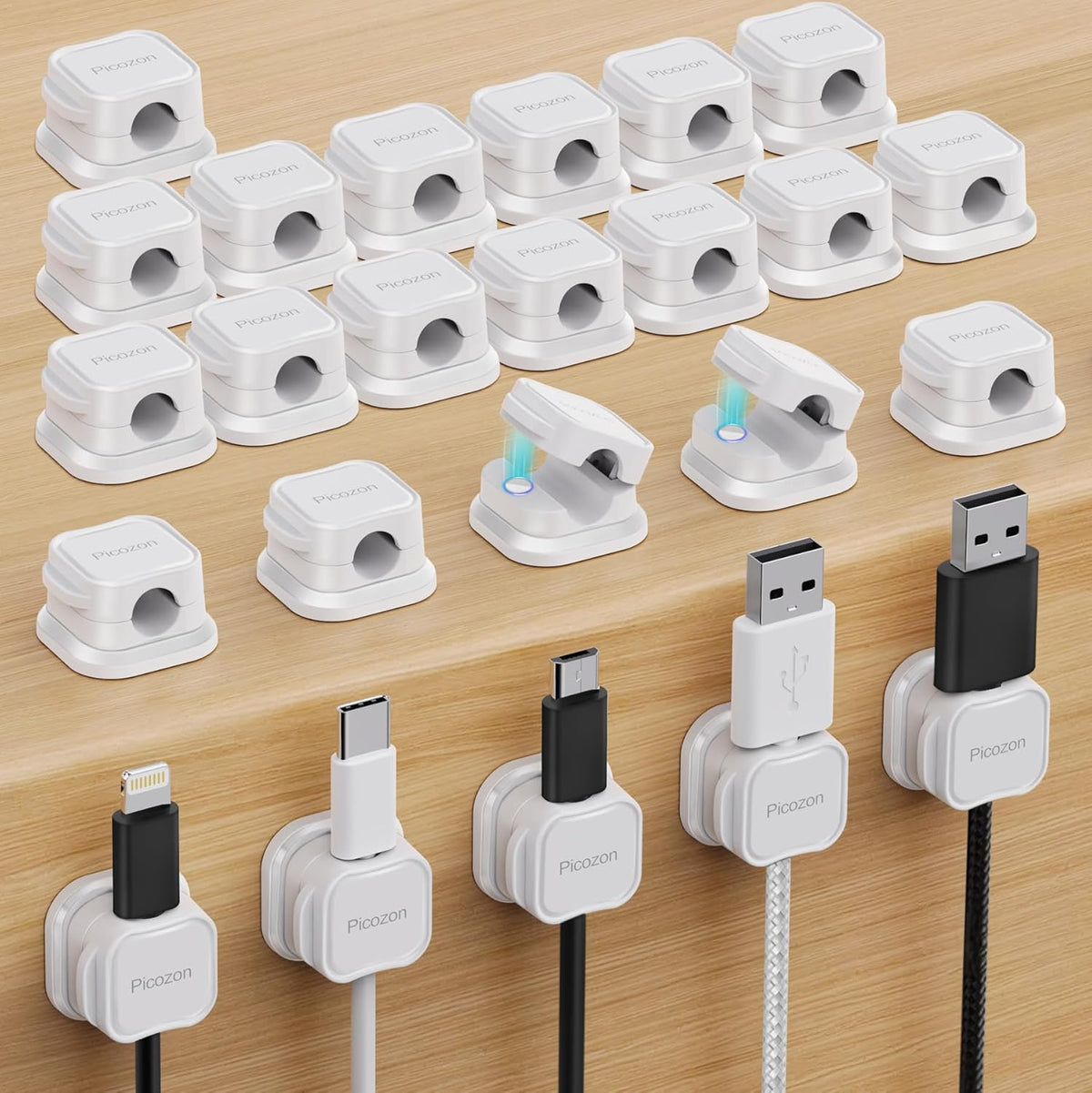 24 Pack Magnetic Cable Clip Organizer Cord Holder, Picozon Adhesive Cable Management, Wire Phone USB Charger Cable Holder, Keeper Organizer for Office Home Desktop Table - White