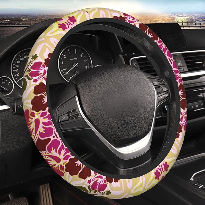 Hawaiian Hibiscus Pattern Car Steering Wheel Cover Anti-Slip Breathable and Sweat Absorption Neoprene Universal 14-15 Inch Inches Car Accessories