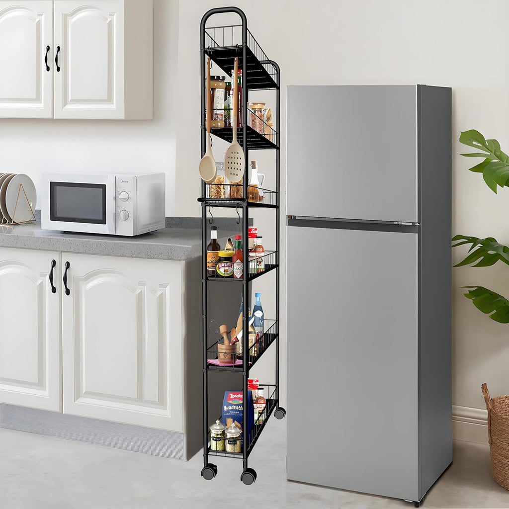 Slim Rolling Cart,6-Tier Storage Cart with Handle, 6in Mobile Shelving Unit with Wheels, Metal Wire Storage Rack with Baskets for Kitchen Bathroom Office Laundry Narrow Piaces