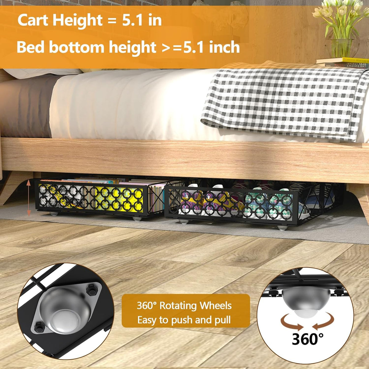 NADAMOO Under Bed Storage with Wheels, 1 Pack Rolling Under Bed Storage Containers, Foldable Metal Under the Bed Organizer Bins for Bedroom Clothes Shoes Blankets