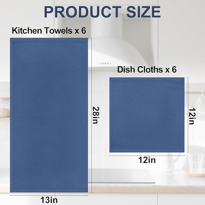 Homaxy 100% Cotton Kitchen Towels and Dishcloths Set, 12 x 12 Inches and 13 x 28 Inches, Set of 12 Bulk Kitchen Towels Set, Ultra Soft Absorbent Dish Cloths for Washing Dishes, Navy Blue