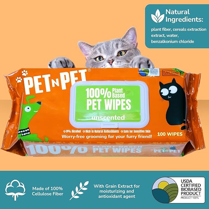 PET N PET 100% Plant Based Dog Wipes for Paws and Butt, 100 Counts Hypoallergenic Unscented Dog Pet Wipes, 8" x 8"