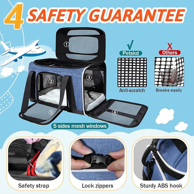Petskd Top-Expandable Pet Carrier 18x11x11 Inches Delta American United Airline Approved, Soft-Sided Carrier for Small Cats and Dogs with Locking Safety Zippers and Anti-Scratch Mesh(Blue)
