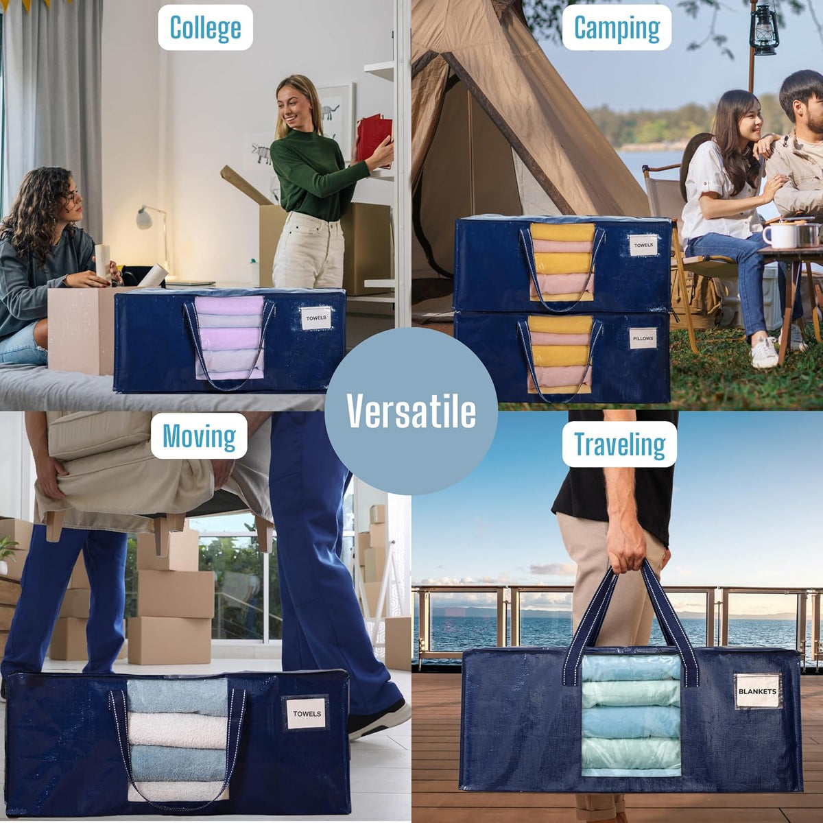 VENO 10 Pack Moving Bags Extra Large Storage Bags for College Move-In, Heavy-Duty Storage Totes, Packing Boxes, and Wardrobe Moving Supplies - Durable Laundry Bags for Clothes (Blue w/Window, 10 Pack)