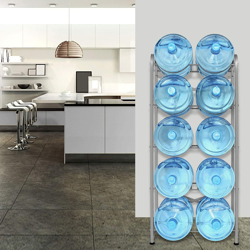 5 Gallon Water Bottle Holder for 10 Bottles, 5 Tiers Heavy-Duty Water Cooler Jug Rack with Reinforcement Frame for Kitchen Office, Silver Grey