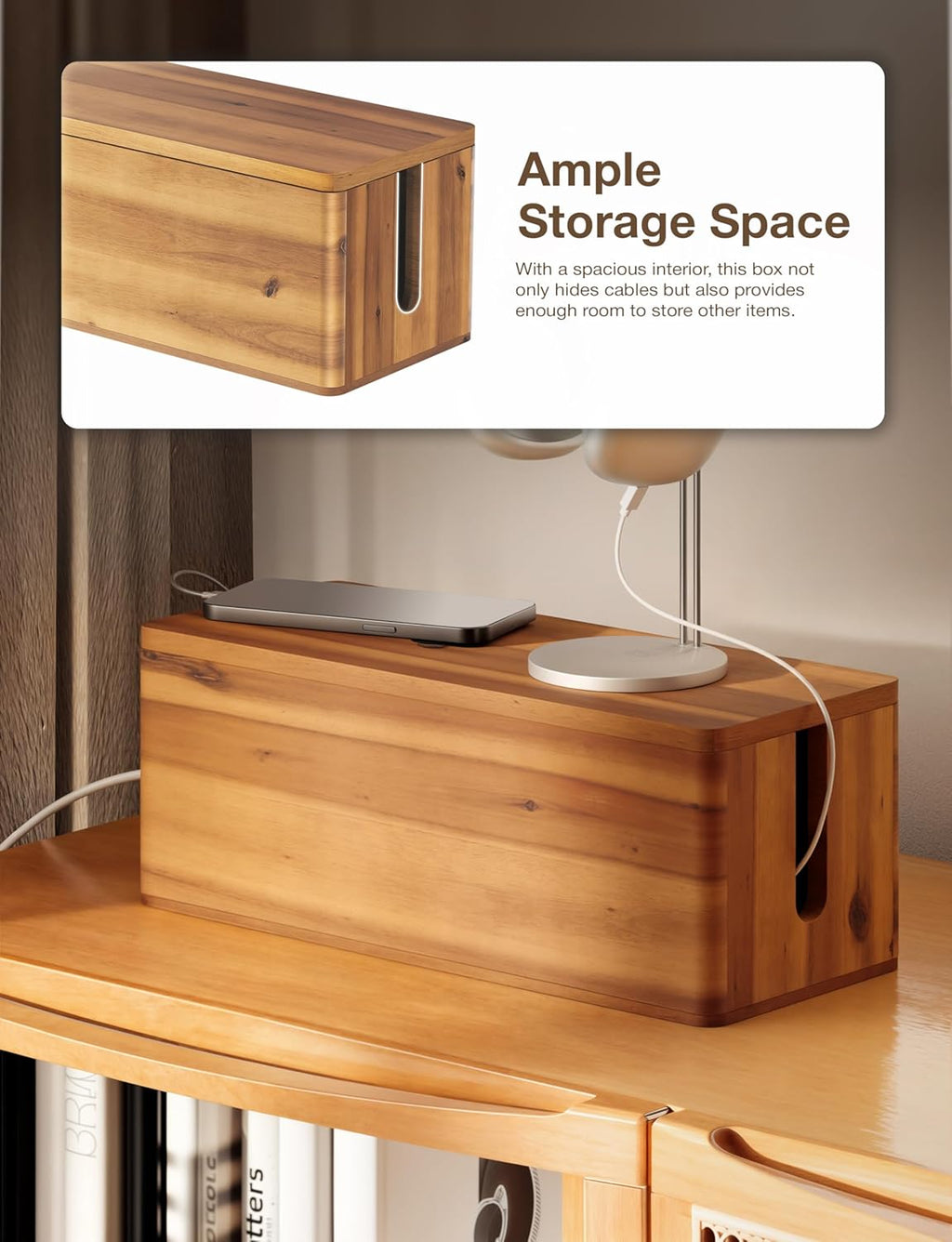 Acacia Wood Cable Management Box Round Edge - 16" L Wooden Cable Organizer Box for Electrical Hiding Cord Management - Power Strip Hider Cable Storage Box for Office, Router Wires, Under Desk