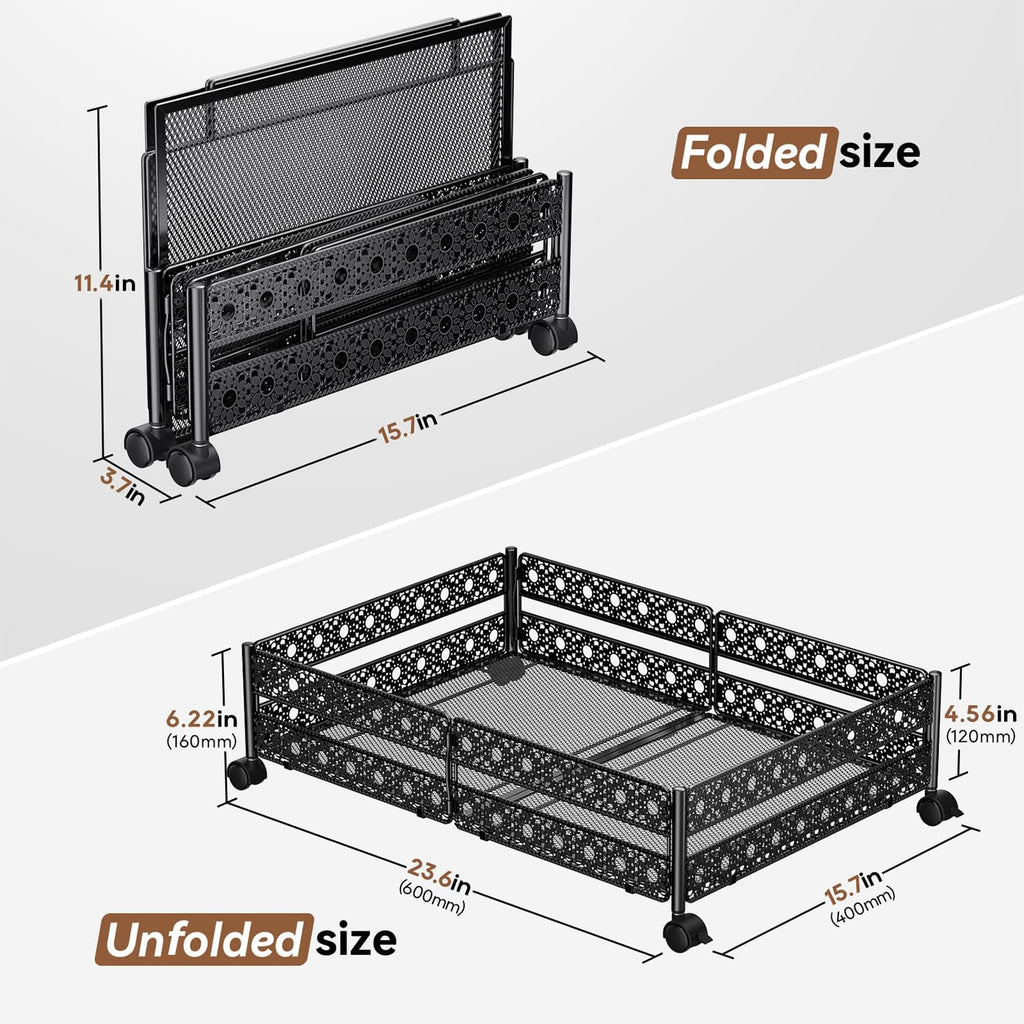 Under Bed Storage Containers with Wheels - Shoe Storage Organizer Drawer, Tool-free Assembly Metal Underbed Storage Containers for Bedroom Clothes, Shoes, Blankets - 2 Pack
