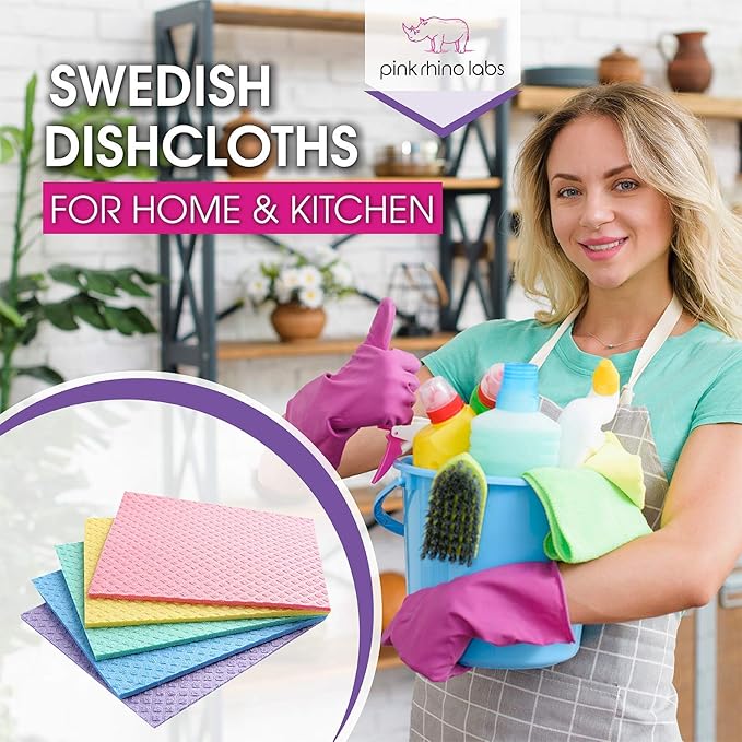 PINK RHINO LABS Swedish Dishcloths – Eco-Friendly Reusable Kitchen Towels – 3 Pack Cleaning Cloths for Dishes, Counters & Surfaces – Super Absorbent, Compostable, Zero-Waste Alternative