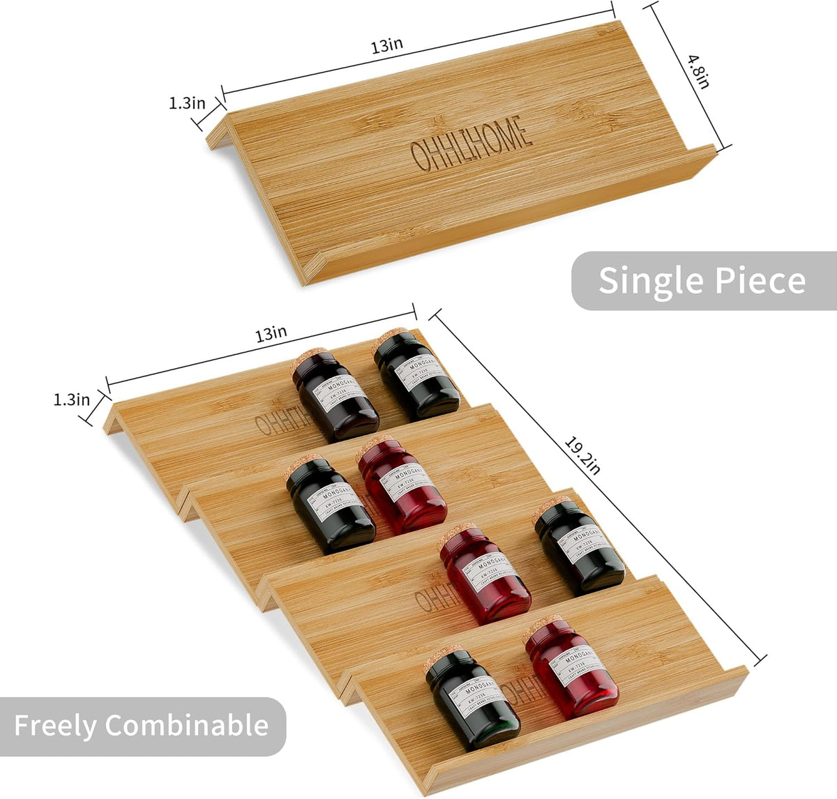 Bamboo Spice Drawer Organizer - 4 Pack 13"x4.7"x1.6" Spice Rack Tray - Spice Jars Drawers Insert - Seasoning Organizer for Drawers/Countertop (Jars not included)…