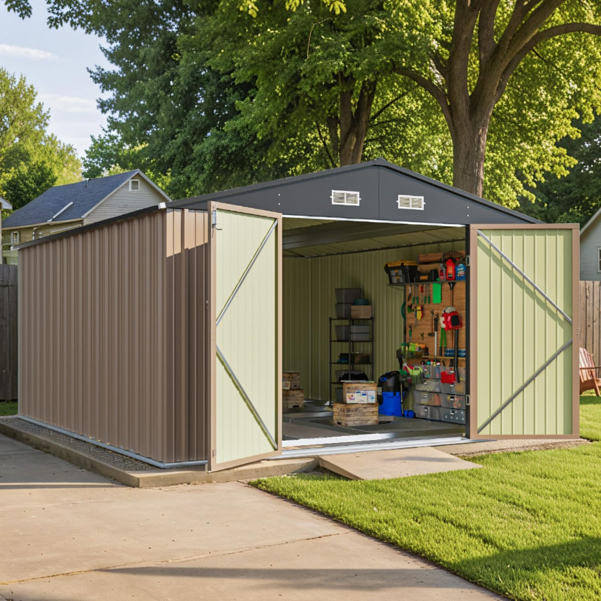 Patiowell 10 x 12 FT Metal Storage Shed for Outdoor with Floor Frame, Steel Yard Shed with Design of Lockable Doors, Utility and Tool Storage for Garden, Backyard, Patio, Outside use,Brown