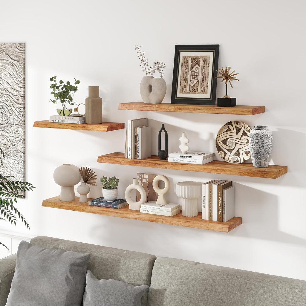 Live Edge Elm Floating Shelves For Wall - 36" W x 9.3" D Rustic Solid Wood Shelves with Invisible Bracket, Wall-Mounted Storage & Display Shelf for Living Room Bedroom Kitchen, Set of 2, Natural