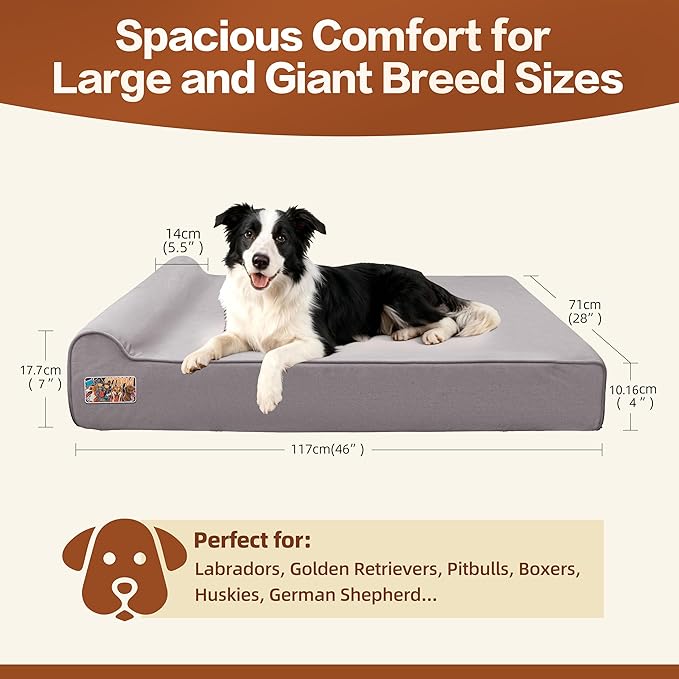 Sytopia XL Orthopedic Memory Foam Dog Bed 35D 46 inch, Extra Large Dog Sofa for Senior Dogs up to 100 lbs, Water Resistant & Washable Cover with Liner, Grey